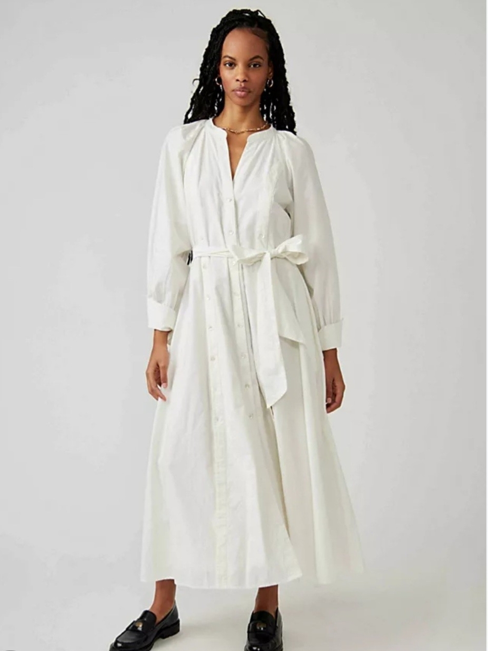 Free People White Button-Down Maxi Shirt Dress with Waist Tie